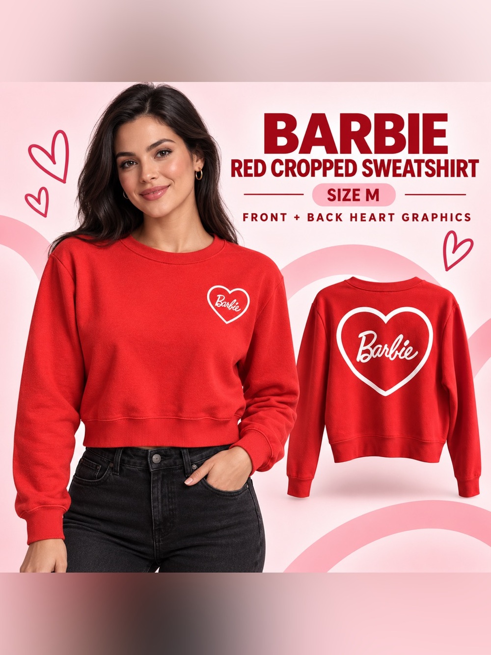 Barbie Red Cropped Crewneck Sweatshirt with White Heart Logo